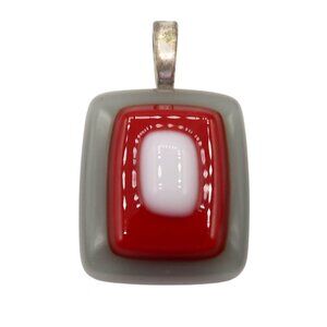 Rectangular Gray Red White Art Glass Pendant Geometric Artsy Modern Silver Tone